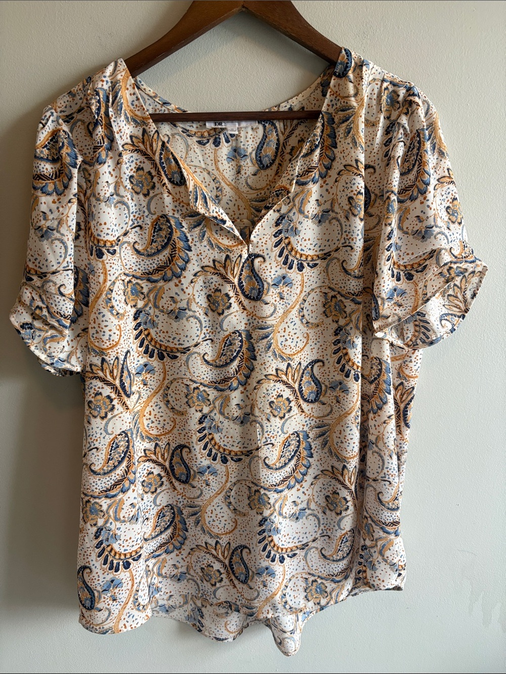 DR2 Paisley Floral Blouse XL Boho Coastal Puff Sleeve V-Neck Cream Blue Top